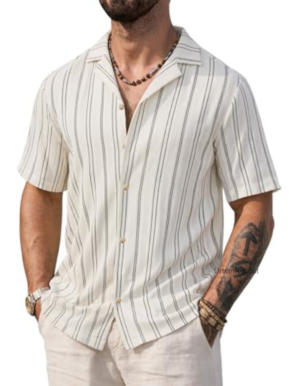 Striped Men's Cuban Collar Casual Button Up Short Sleeve Summer Shirt